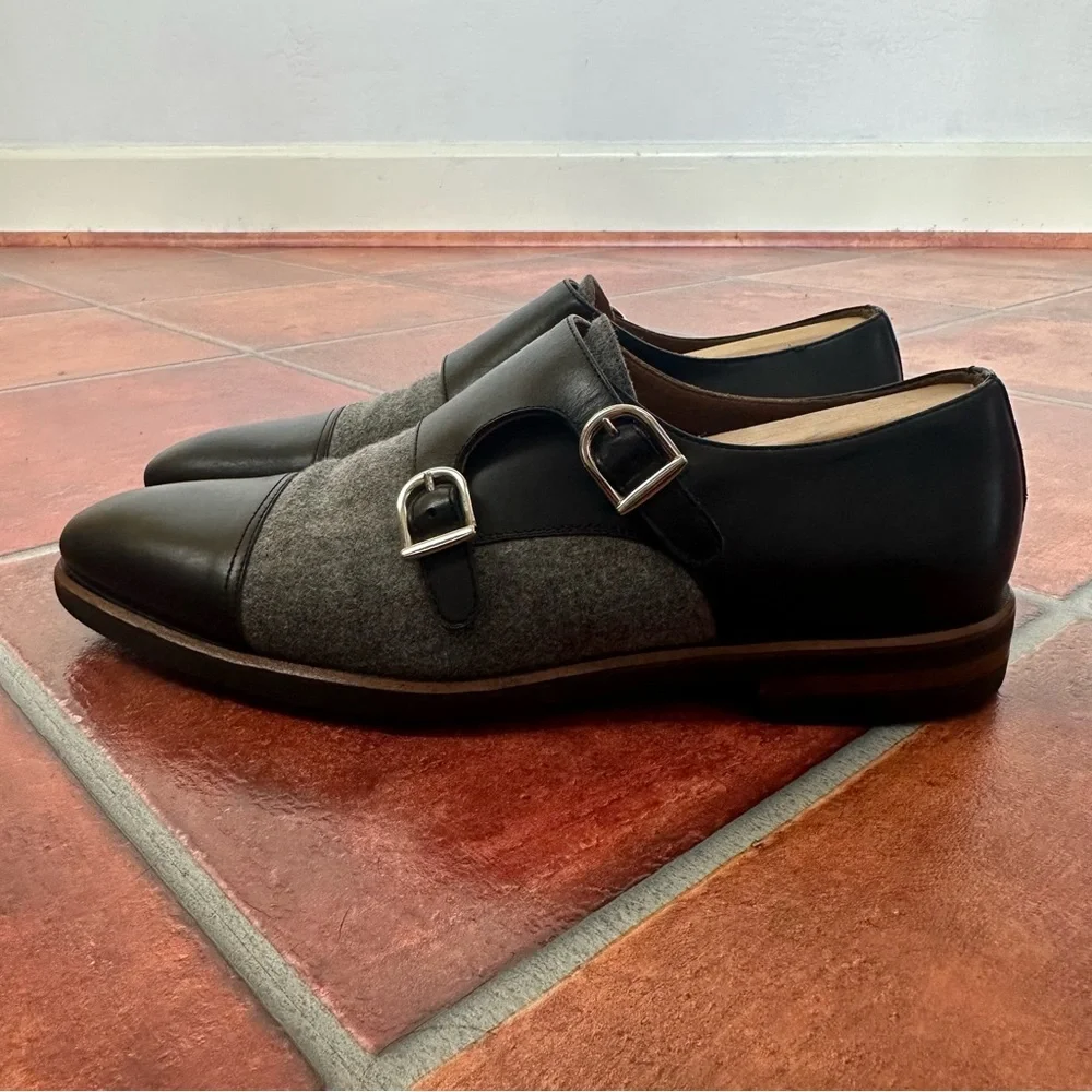 Taft Men’s Double Monk Strap Shoes in Italian Leather and Grey Flannel